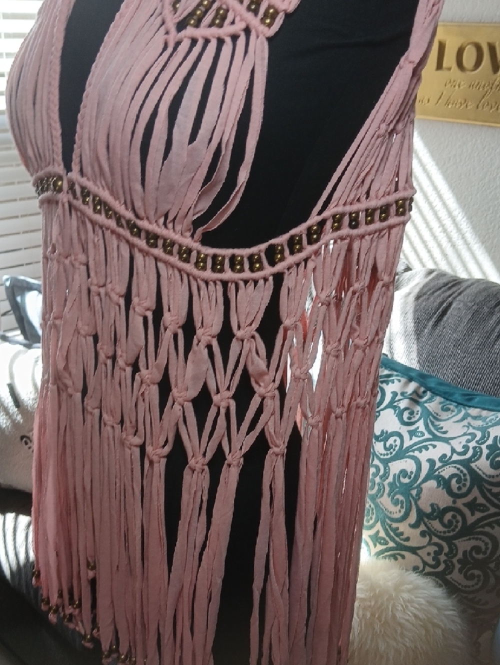 Boho Pink Macramé Fringe Vest with Beaded Trim - Picture 5 of 7